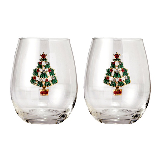 Stemless Christmas Tree Wine Glasses - Set of 2