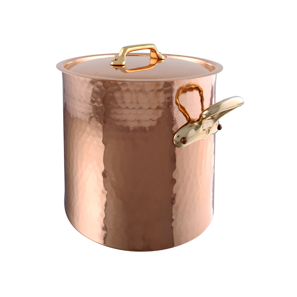 Mauviel M'TRADITION Hammered Copper & Tin Inside Stockpot With Lid, Brass Handles, 18-Qt