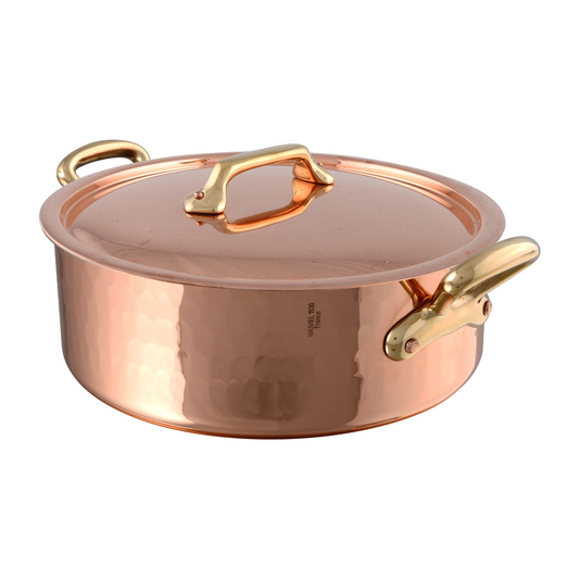 Mauviel M'Tradition Hammered Copper & Tin Inside Rondeau With Lid, Brass Handles