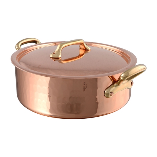 Mauviel M'TRADITION Hammered Copper & Tin Inside Rodeau With Lid, Brass Handles, 5.6-Qt