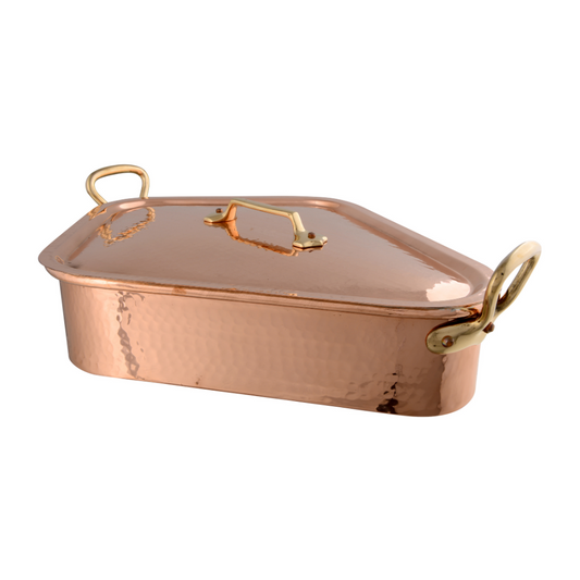 Mauviel M'Tradition Hammered Copper & Tin Inside Turbot Kettle With Grid, Lid & Brass Handles, 19.6 x 15.7-In