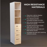 Tuhome Vanguard Linen Cabinet with Three Open Shelves, Four Spacious Drawers, Glass-Door Enclosed Storage, Modern Bathroom Organizer for Towels, Toiletries, Linens, and Everyday Essentials