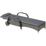 Outsunny Outdoor Chaise Lounge, 5-Level Adjustable Backrest Rattan Pool Lounge Chair with Wheels, Cushion & Headrest, Gray