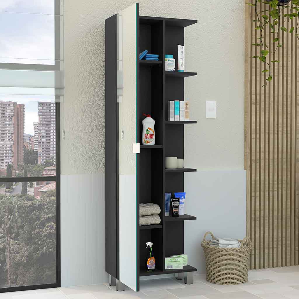 Venus Mirror Linen Single Door Cabinet, Five External Shelves, Four Interior Shelves