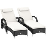 Outsunny 2 Reclining Chaise Lounge Chairs, Rolling Outdoor Chairs with Cushion, Pillow, Headrest, Armrests, and Wheels, Cream