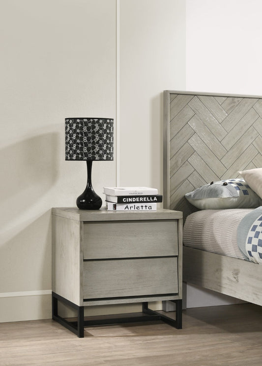 Weston Industrial Mid Century Nightstand with Grey Stone Wood Finish & Matte Black Base Charm