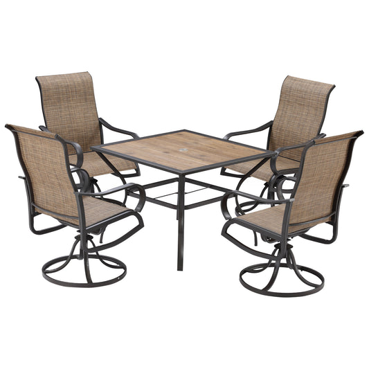 Outsunny 5-Piece Outdoor Dining Set with Swivel Rocker Chairs & Square Table with Umbrella Hole Brown