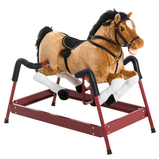 Qaba Kids Plush Rocking Horse Toy, Toddler Spring Rocker Rocking Horse With Realistic Sounds, for Children 3+ Years Old, Brown