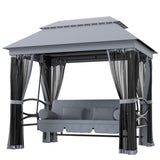 Outsunny 3-Seat Patio Swing Chair with Double Tier Canopy, Porch Swing Chair with Stand, Mesh Sidewalls, Cushioned Seat and Pillows, Gray