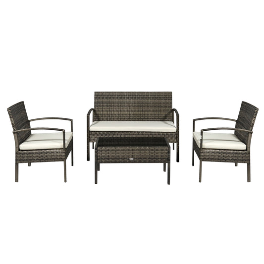 Outsunny Rattan Wicker 4-Piece Patio Furniture Set with Table Chairs Conversation Set Cream White