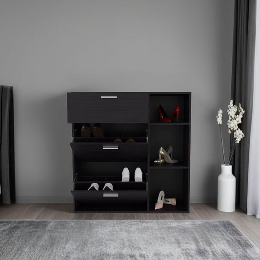 TUHOME Showie Shoe Rack with Three Doors, Adjustable Interior Shelves, Side Storage Compartments and Upper Drawer, Modern Organizational Cabinet for Footwear and Accessories, Ideal for Entryways, Hallways or Closet Spaces