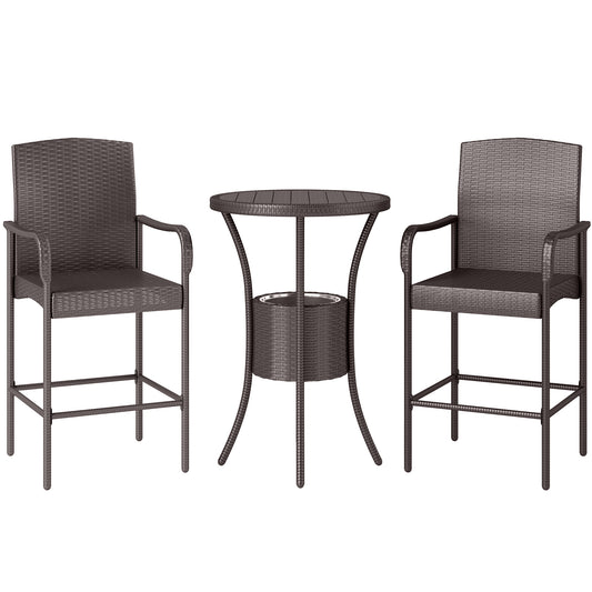 Outsunny 3PC Rattan Wicker Bar Set Ice Buckets 1 Bar Table 2 Bar Stools Outdoor