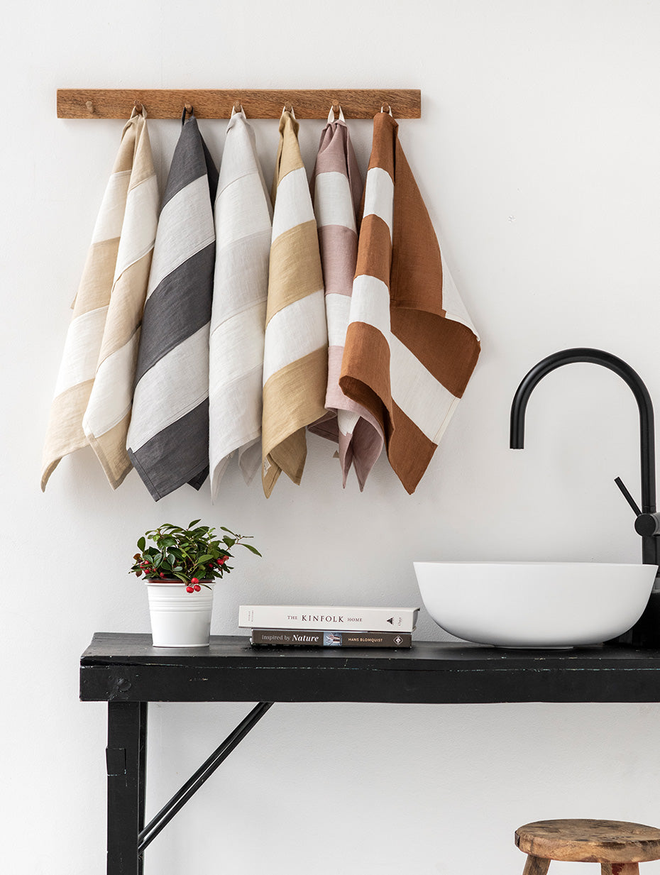 Zero-waste striped linen tea towel in Tan