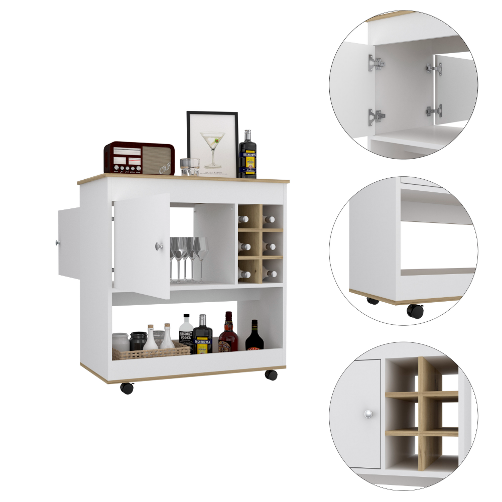 Lotus Bar Cart, Six Bottle Cubbies, One Cabinet, Four Casters