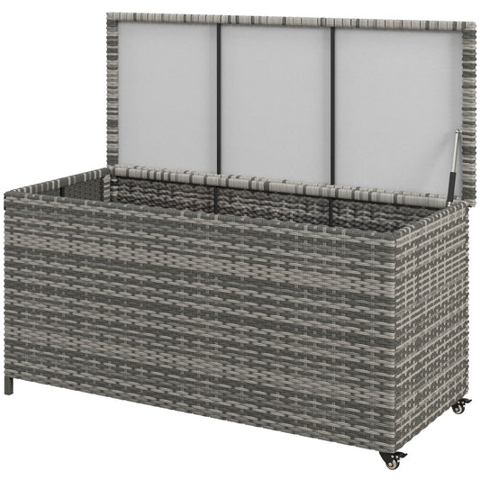 Outsunny Deck Box 83 Gallon Outdoor Storage Chest on Wheels Garden Tools Pool Toys Patio Cushions PE Wicker Gray