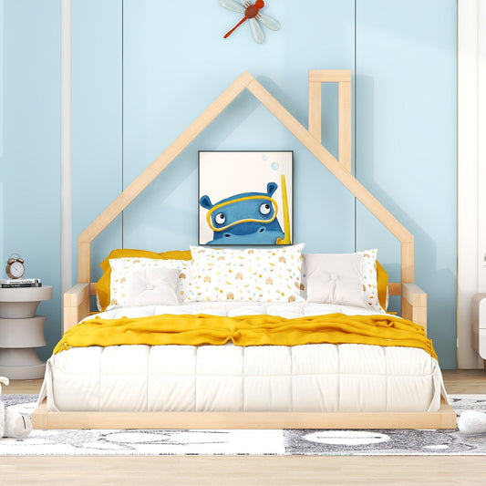 Full Size Floor Bed for Kids with House-Shaped Headboard, Sturdy Pine Wood Construction, Easy Assembly, 78" L x 56.5" W x 46.5" H, Natural