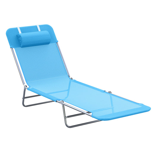 Outsunny Folding Sun Chair, Portable Outdoor Chair with Adjustable Back, Breathable Mesh and Pillow, for Patio, Beach, Blue
