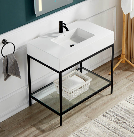 ANZZI Ventura 36" Console Sink (36" W x 28" H), Gel-Coated Resin Countertop, Stainless Steel Frame, Integrated Sink & Tempered Glass Shelf