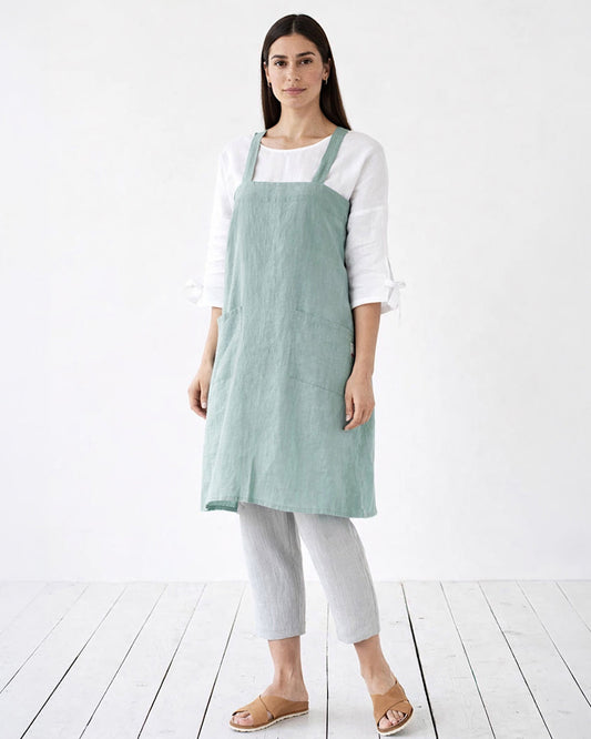 Japanese cross-back linen apron in Aquamarine blue