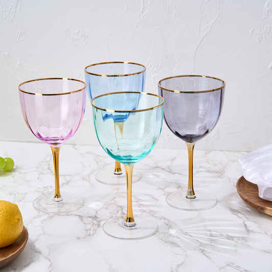 Art Deco Colored Crystal Wine Glass Set of 4, Large 18oz