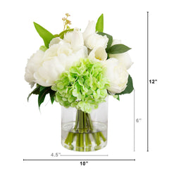 12" Artificial Peony, Hydrangea and Tulip Arrangement in Glass Vase