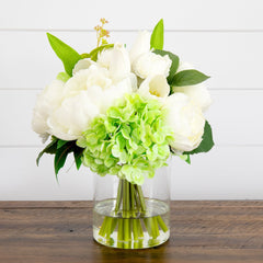 12" Artificial Peony, Hydrangea and Tulip Arrangement in Glass Vase