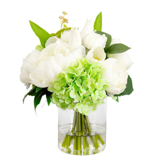 12" Artificial Peony, Hydrangea and Tulip Arrangement in Glass Vase