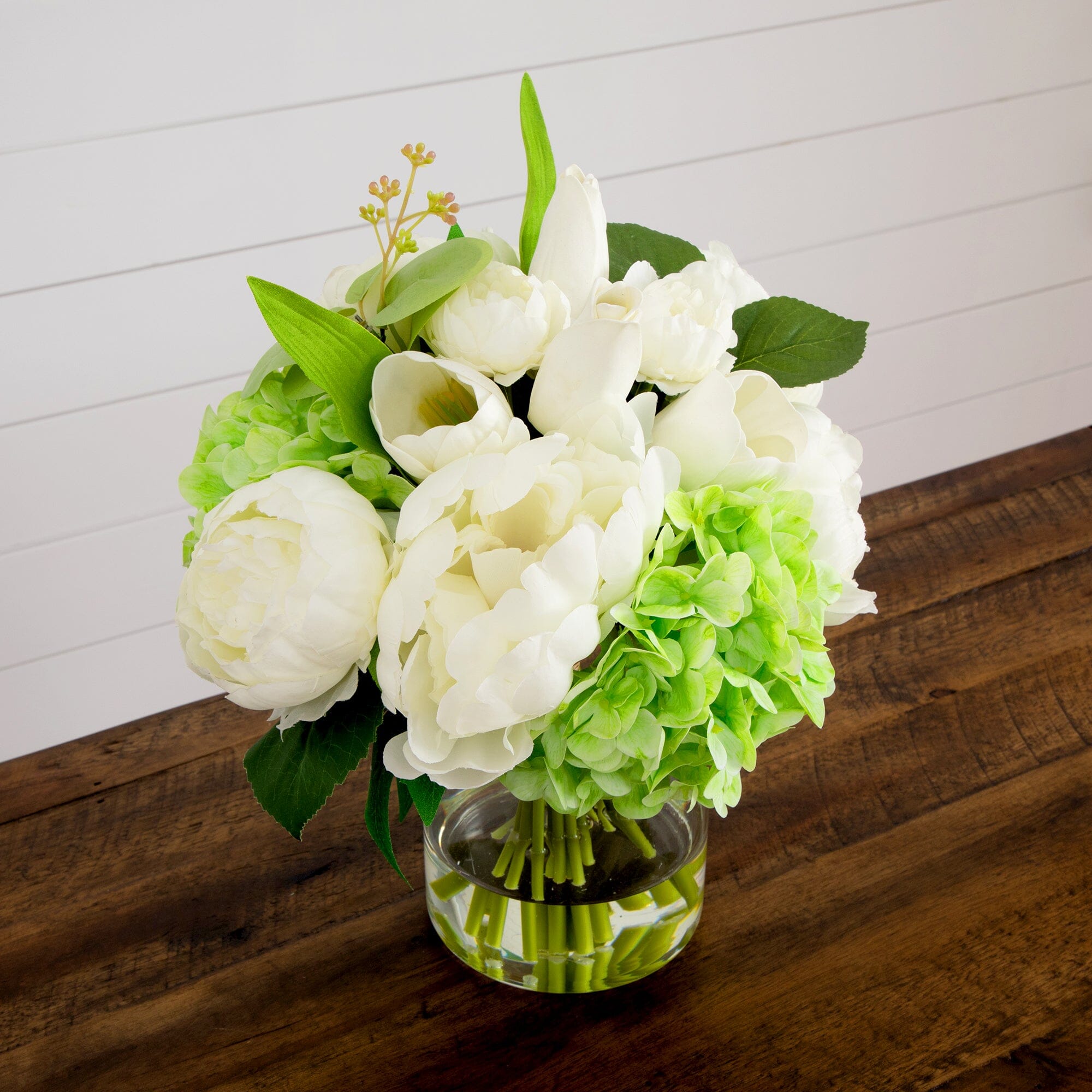 12" Artificial Peony, Hydrangea and Tulip Arrangement in Glass Vase