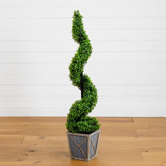 45” UV Resistant Artificial Boxwood Spiral Topiary Tree with LED Lights in Decorative Planter (Indoor/Outdoor)