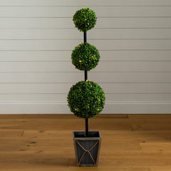 45" UV Resistant Artificial Triple Ball Boxwood Topiary with LED Lights in Decorative Planter (Indoor/Outdoor)