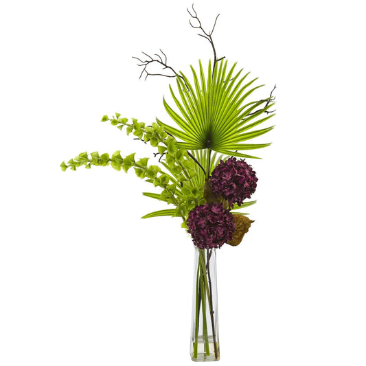 Hydrangea, Bells Of Ireland and Palm Frond Arrangement