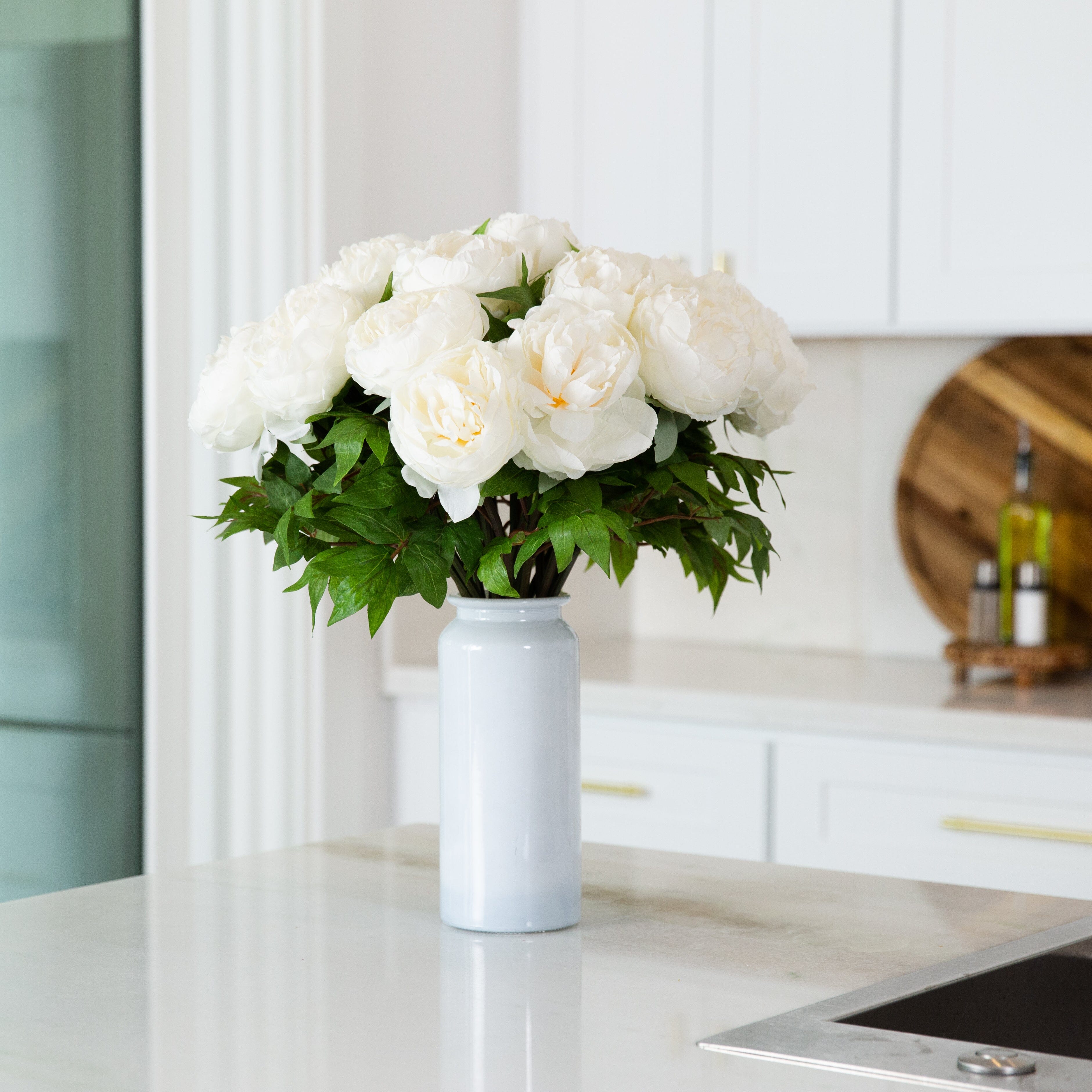 Signature Collection 20” Peony Artificial Arrangement in White  Glass Vase