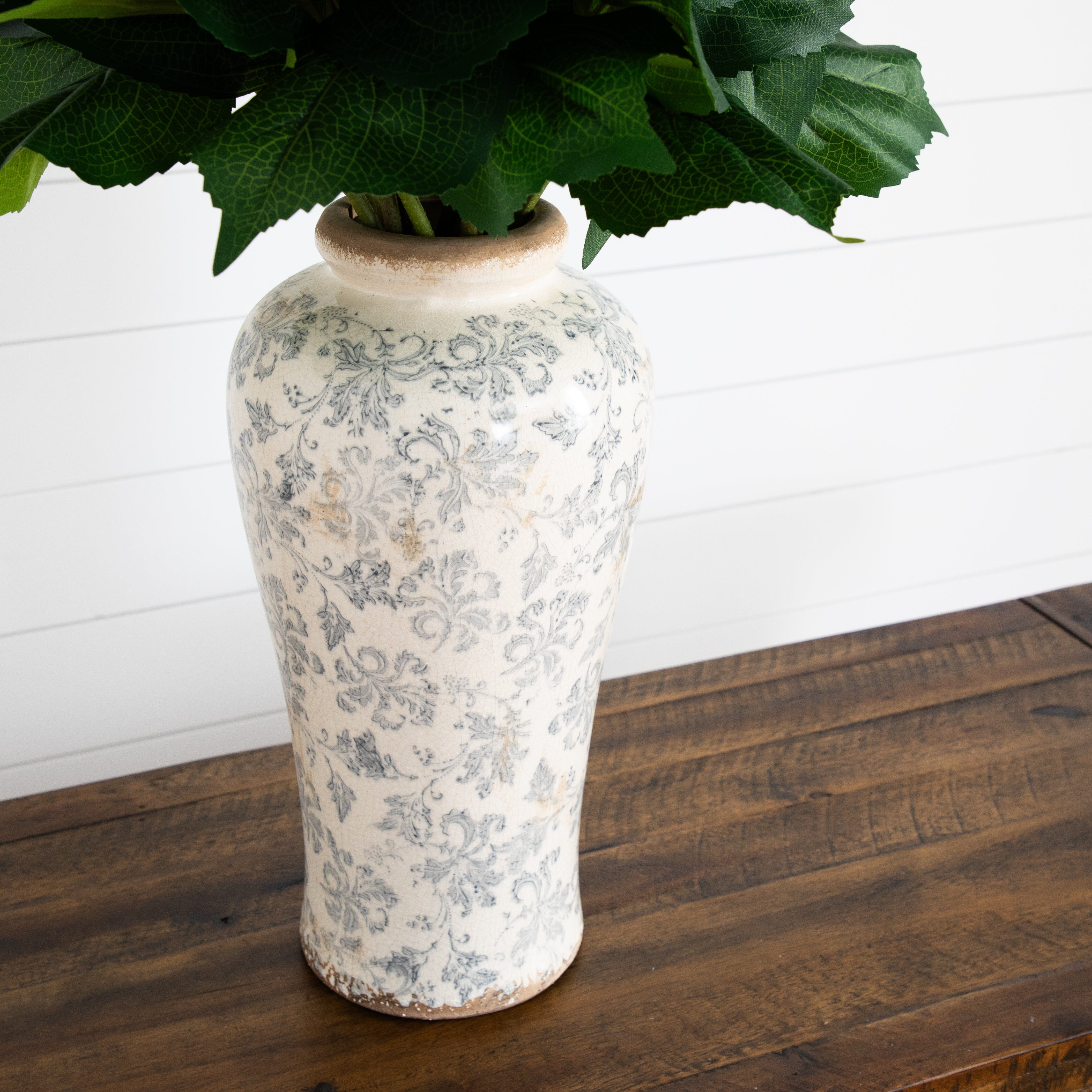 Signature Collection 30” Artificial Hydrangea Arrangement in Ceramic Floral Printed Vase