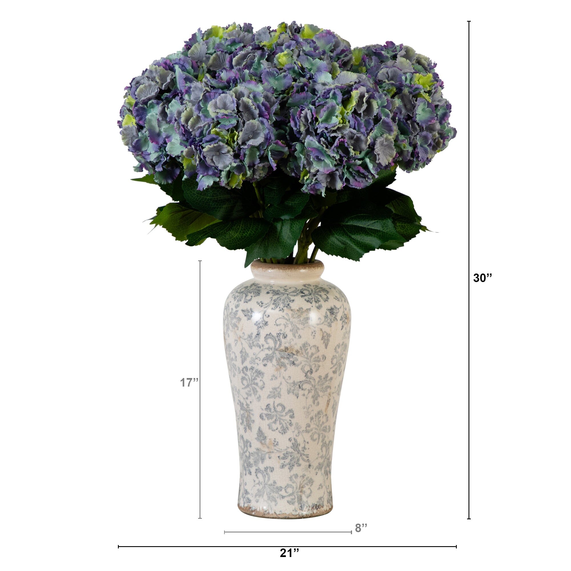 Signature Collection 30” Artificial Hydrangea Arrangement in Ceramic Floral Printed Vase