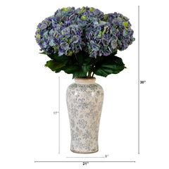 Signature Collection 30” Artificial Hydrangea Arrangement in Ceramic Floral Printed Vase