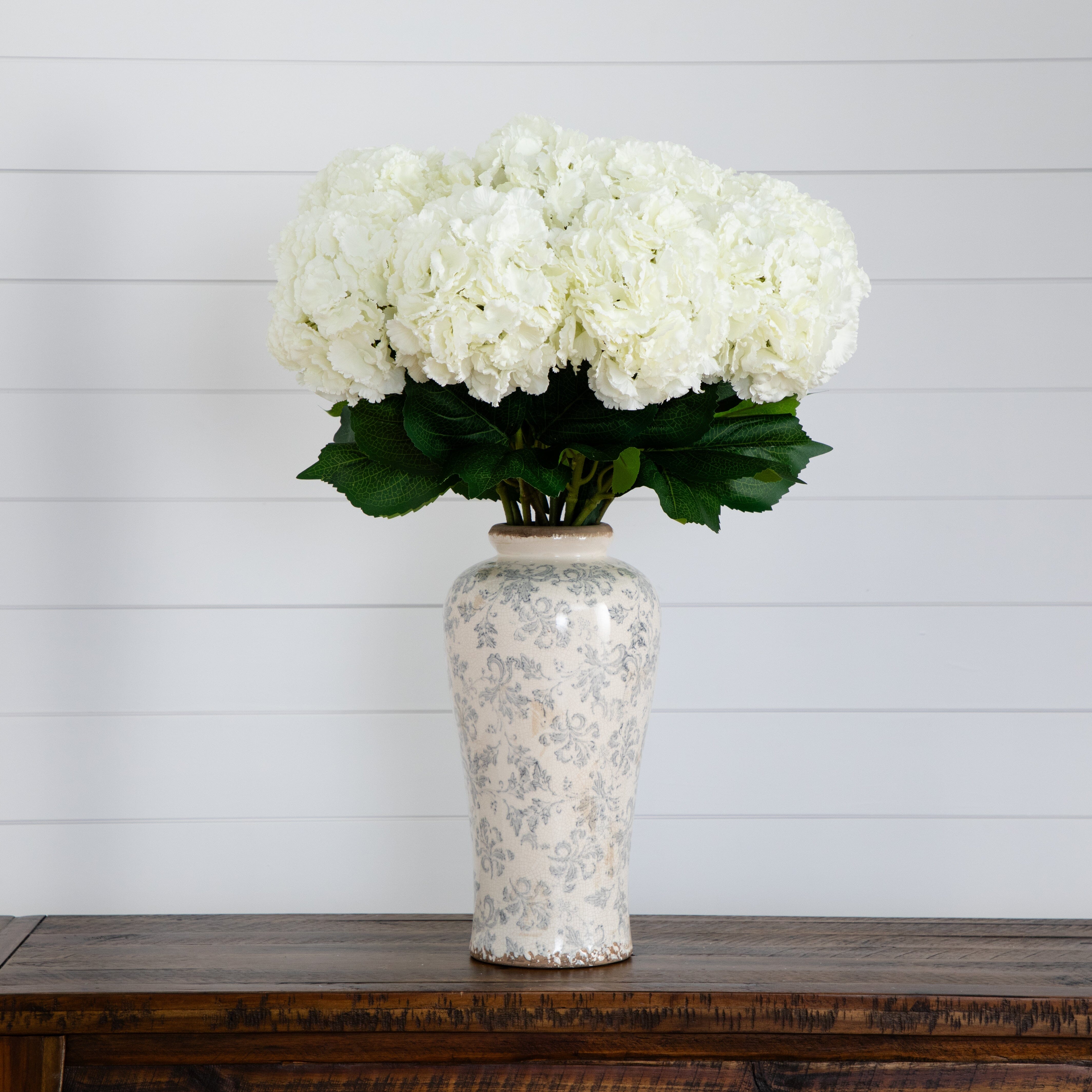 Signature Collection 30” Artificial Hydrangea Arrangement in Ceramic Floral Printed Vase