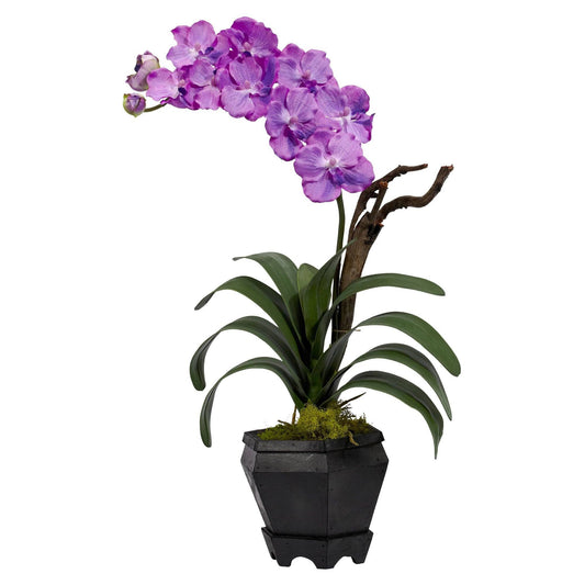 Vanda w/Black Hexagon Vase Silk Arrangement