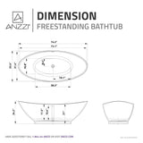 Ala Series 74 in. x 34 in. Flat Bottom Solid Surface Freestanding Soaking Bathtub with Center Drain in Matte White