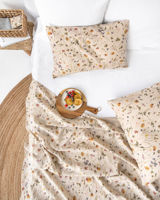 Botanical print linen flat sheet