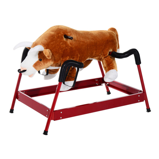 Qaba Kids Spring Rocking Horse, Rocking Rodeo Bull Ride On Rocking Horse with Realistic Sounds and Soft Plush Fabric, for Kids Over 3, Brown