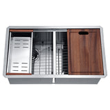 Aegis Undermount Stainless Steel 32.75 in. 0-Hole 50/50 Double Bowl Kitchen Sink with Cutting Board and Colander