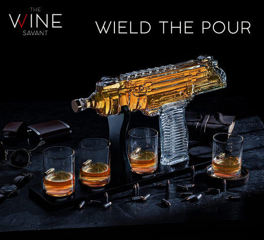 Uzi Submachine Gun Whiskey Gun Decanter and 4 Liquor Glasses
