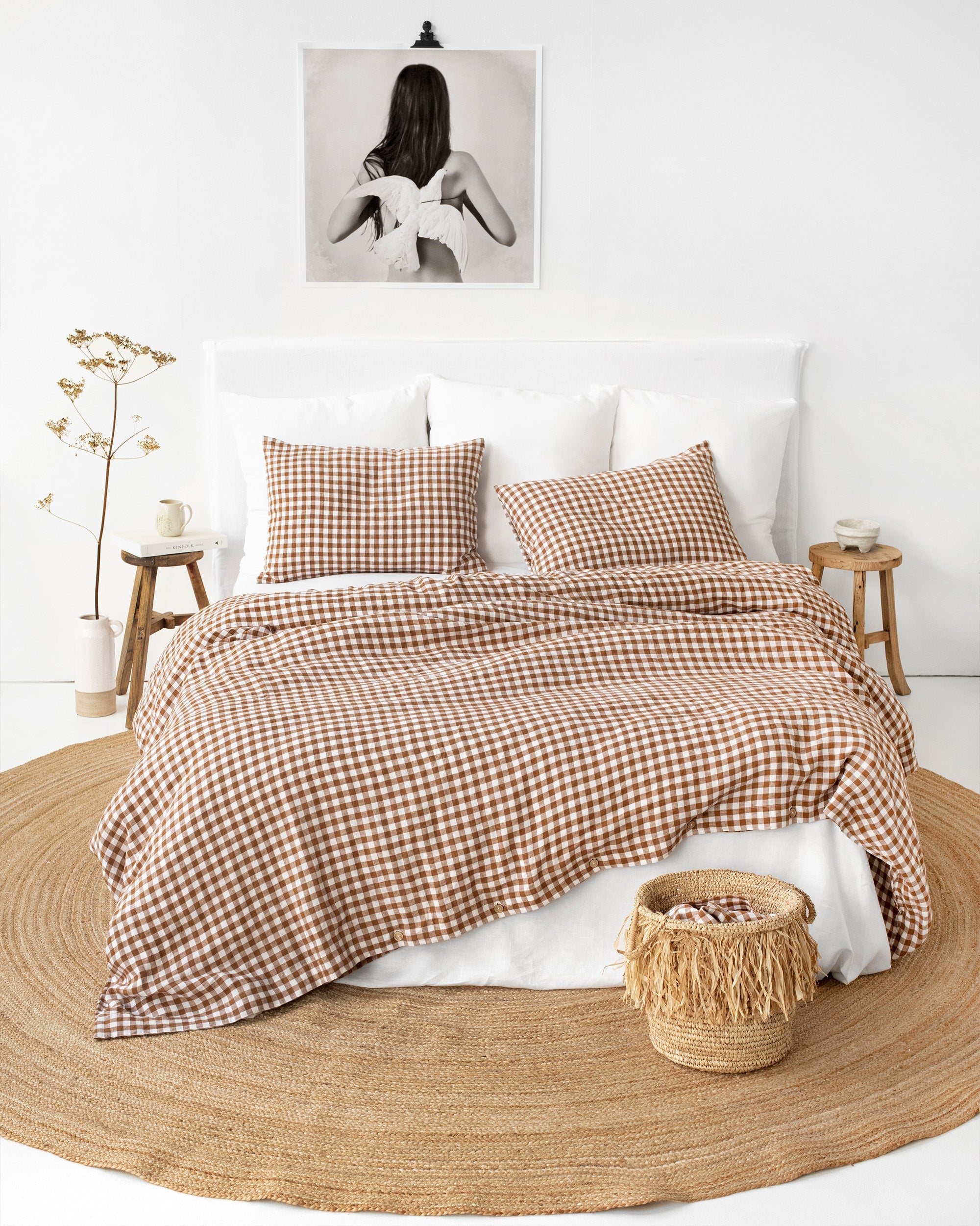 Cinnamon gingham linen duvet cover set (3 pcs)