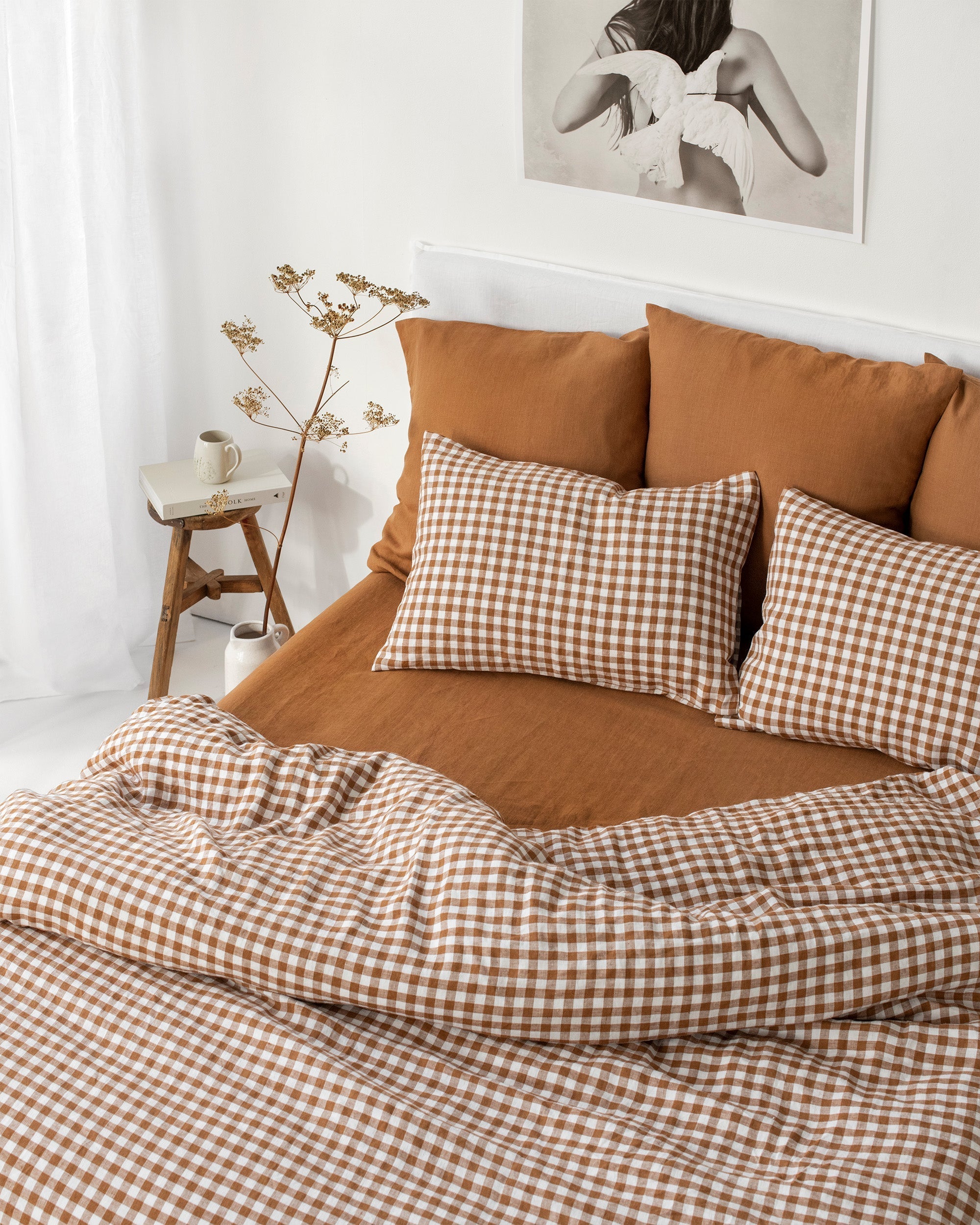 Cinnamon gingham linen pillowcase