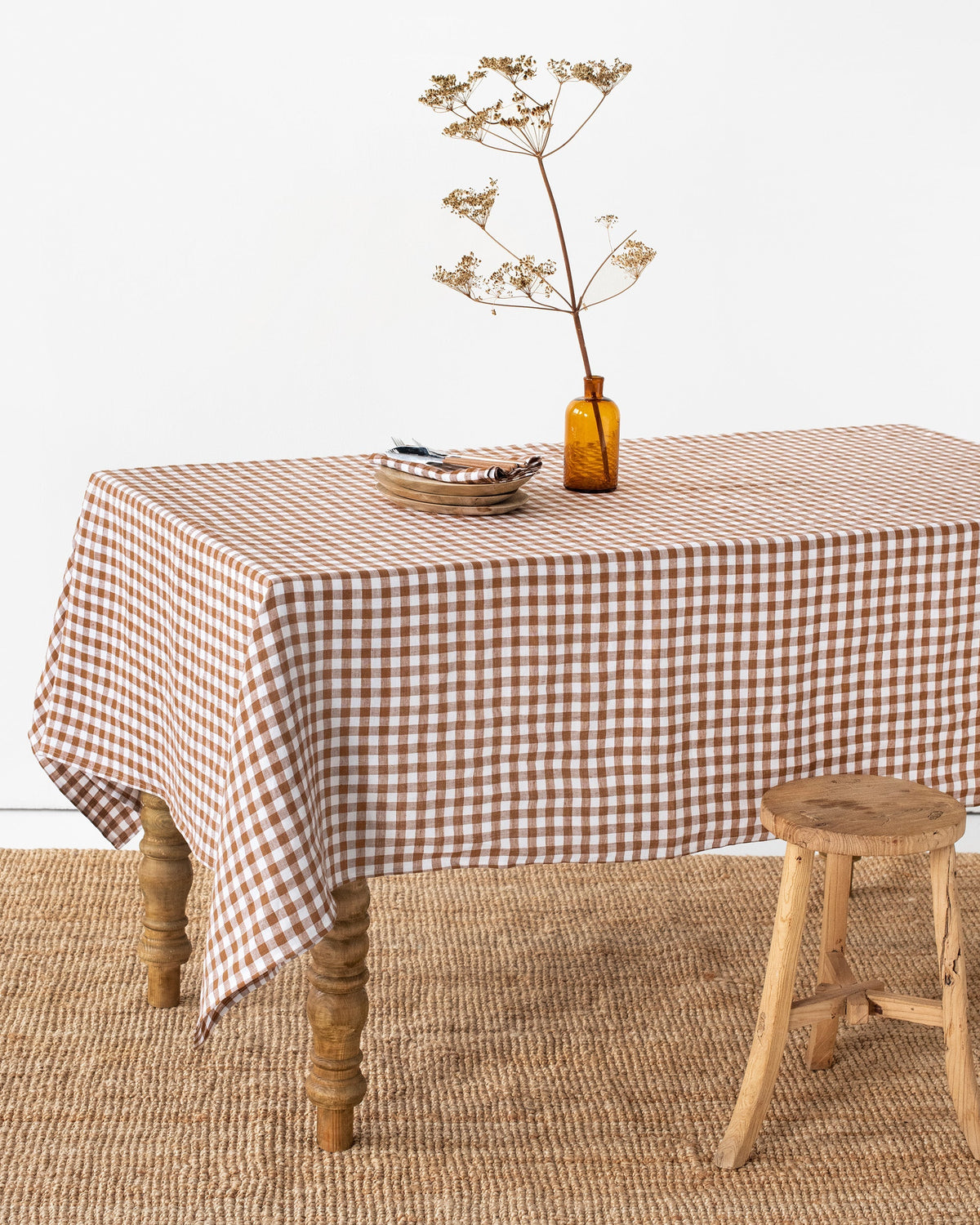 Cinnamon gingham linen tablecloth