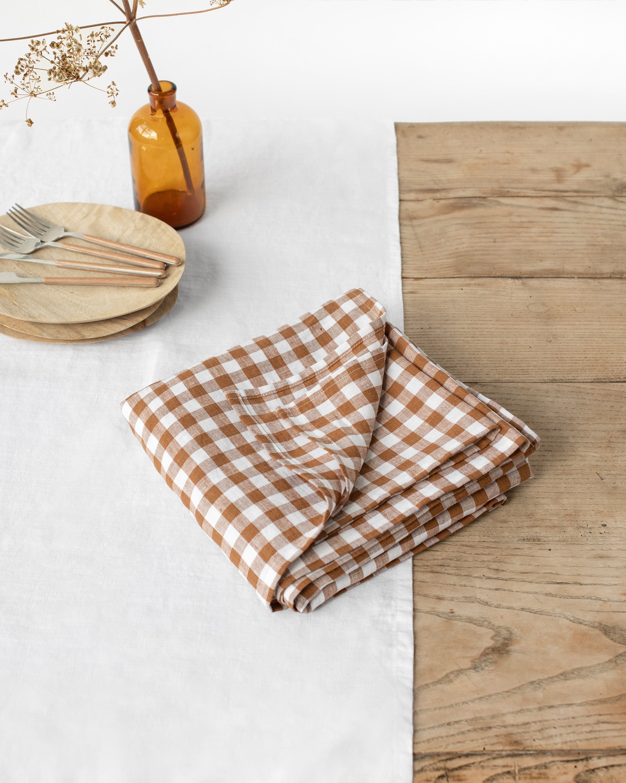 Cinnamon gingham linen tablecloth