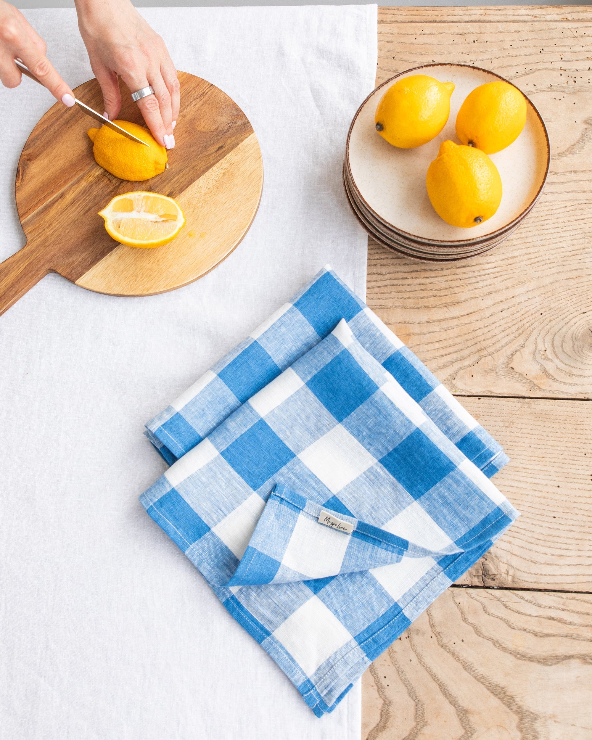 Cobalt blue gingham linen napkin set of 2