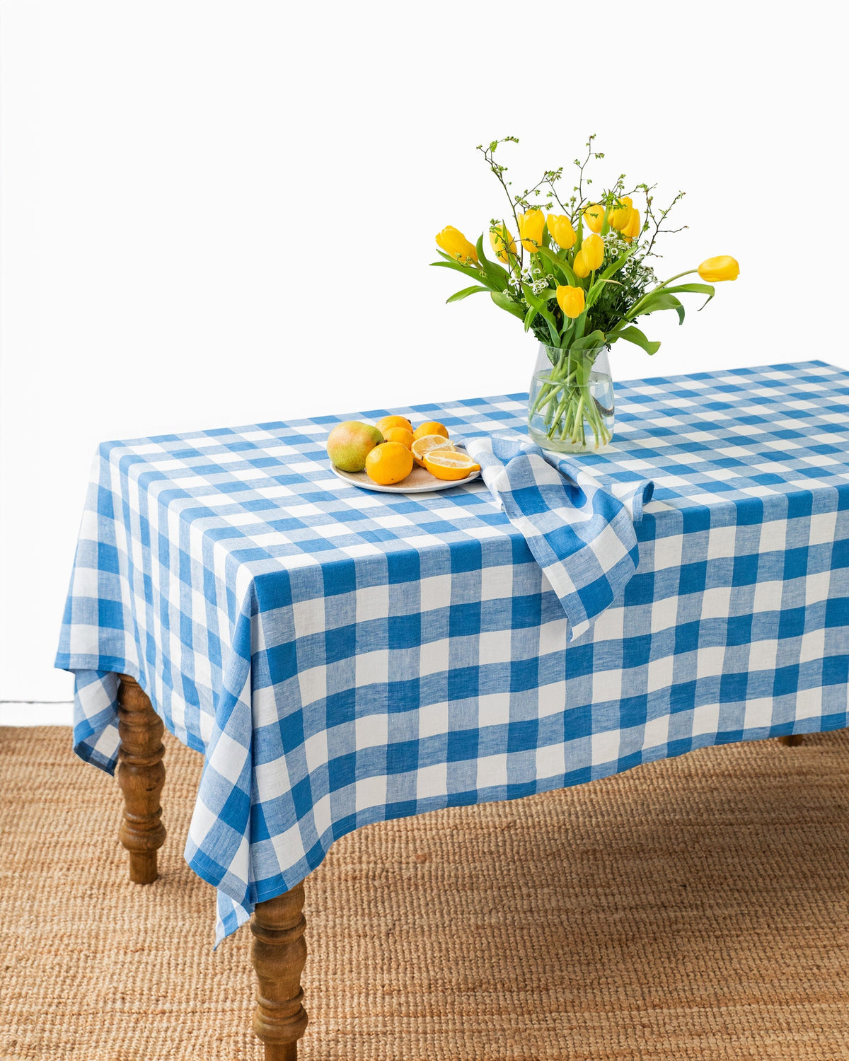 Cobalt blue gingham linen tablecloth