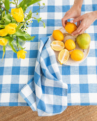 Cobalt blue gingham linen tablecloth