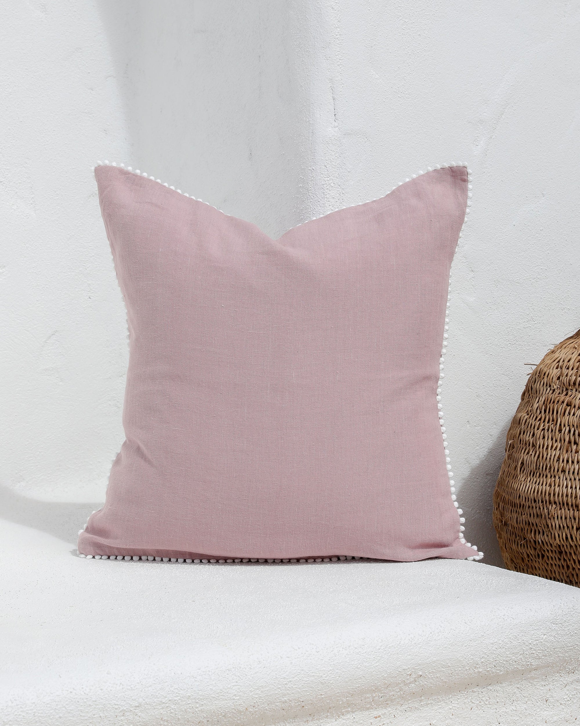 Pom pom trim linen pillowcase in Woodrose